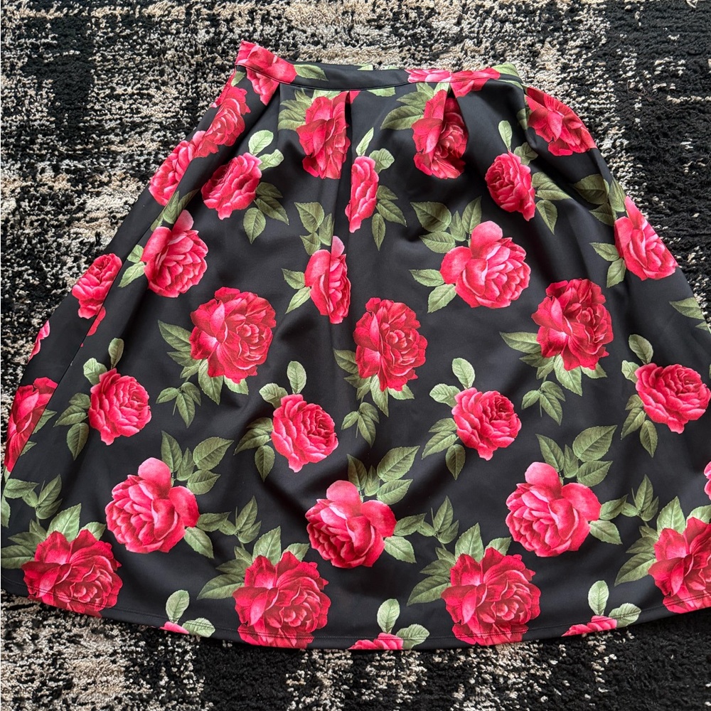 Black Floral A-Line Skirt with Pink Rose Print size large
